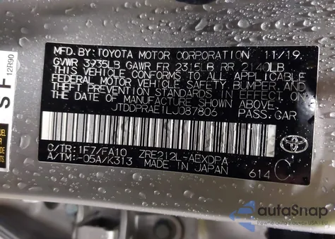 2020 Toyota Corolla L from USA, damaged, VIN JTDDPRAE1LJ087806